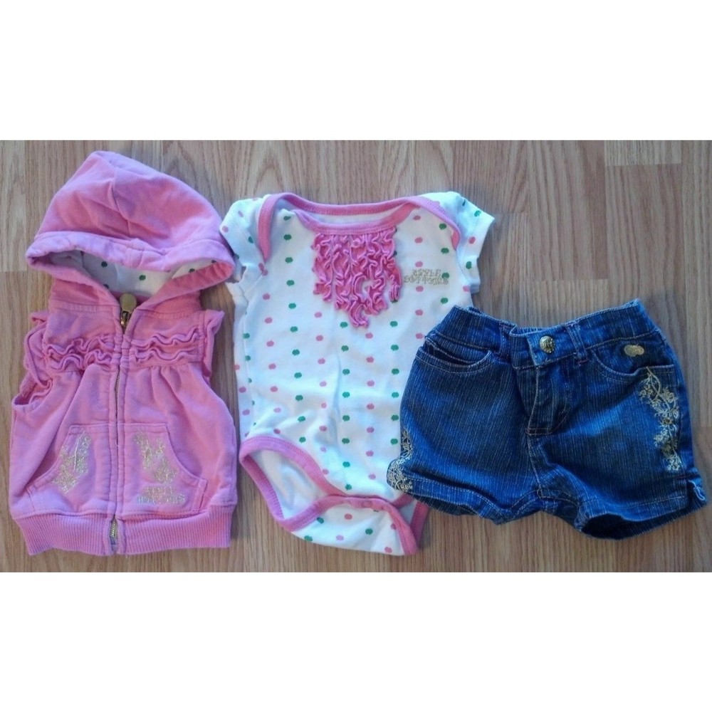 Girl's Size 0-3 M Months 3 Piece Pink/Gold Apple Bottoms Jacket, Top & Shorts